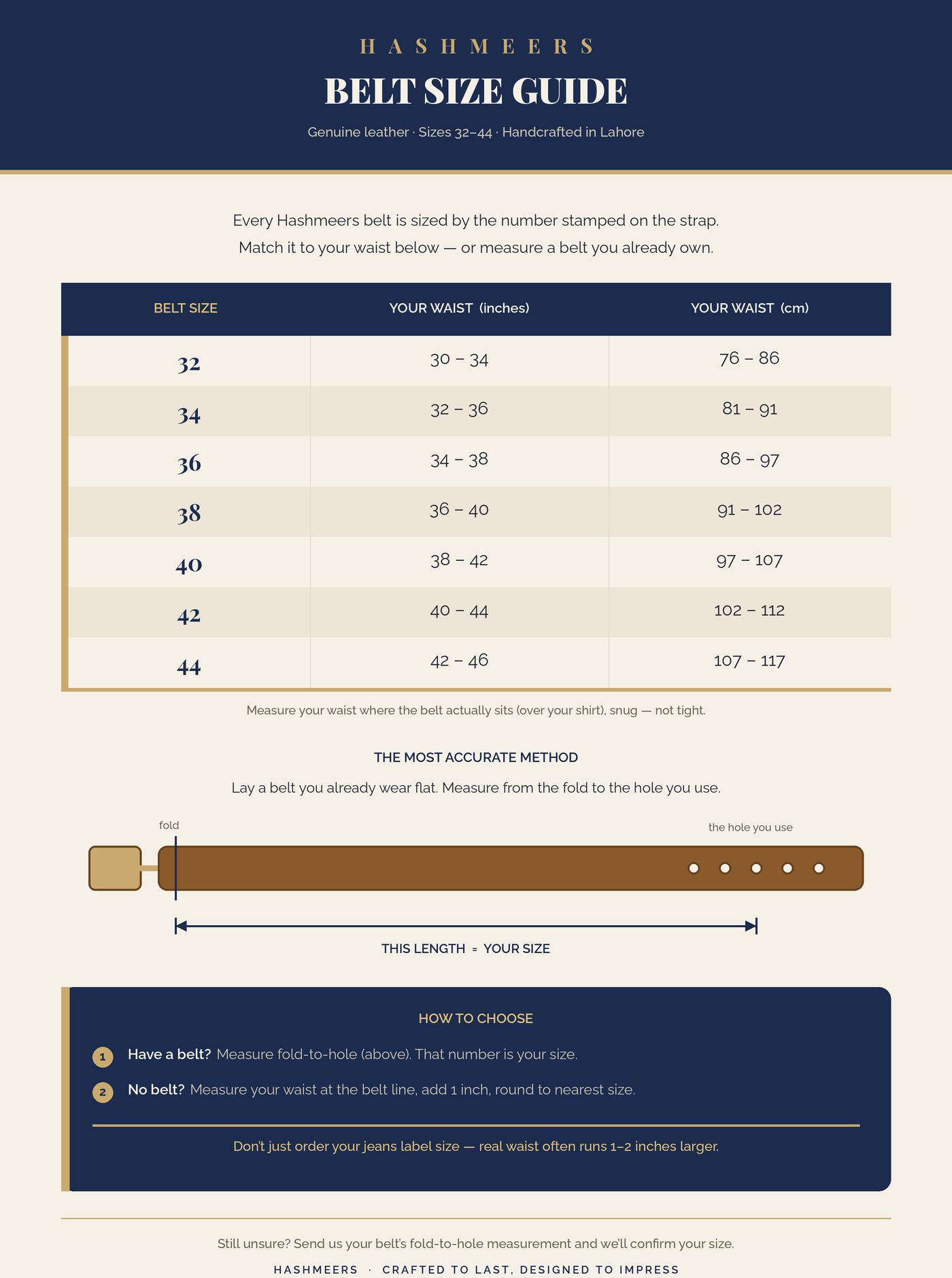 Hashmeers belt size guide, waist sizes 32 to 44 inches