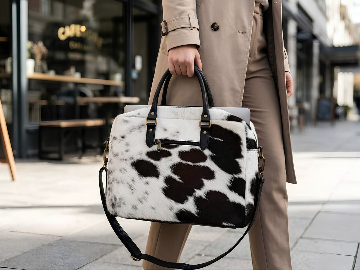 Hashmeers Pure Leather Laptop Bag — Hair-On Cowhide Boston Bag in Black & White with Detachable Strap