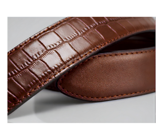 Brown crocodile-embossed side of Hashmeers genuine leather reversible belt