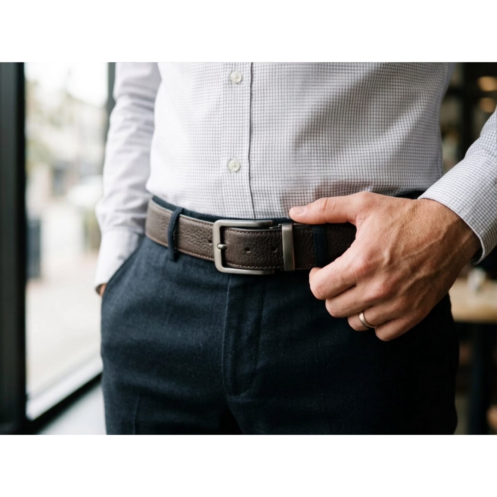 Brown side of Hashmeers milled genuine cow leather reversible belt
