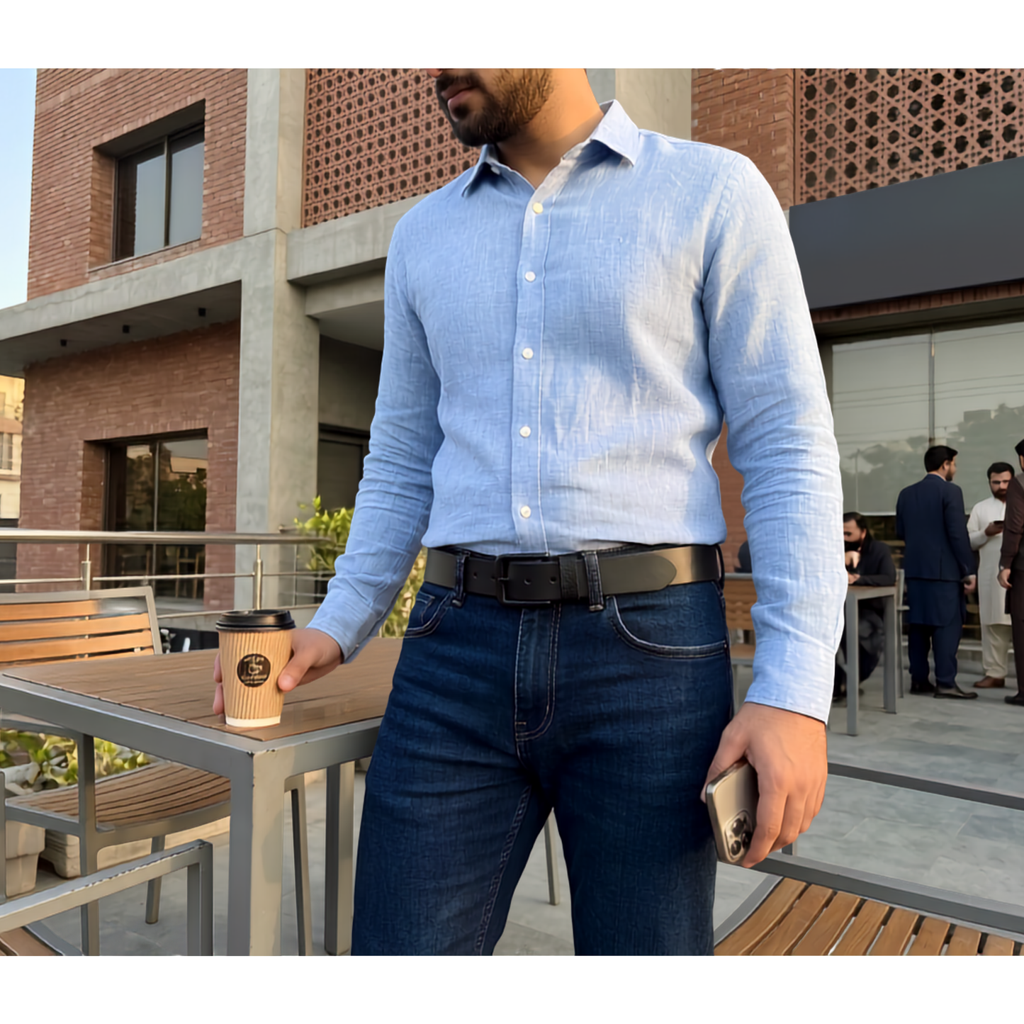 Black aniline genuine buffalo leather belt 40mm by Hashmeers - Young boy light blue shirt, Navy color Jeans Wearing Hashmeers Black Belt.