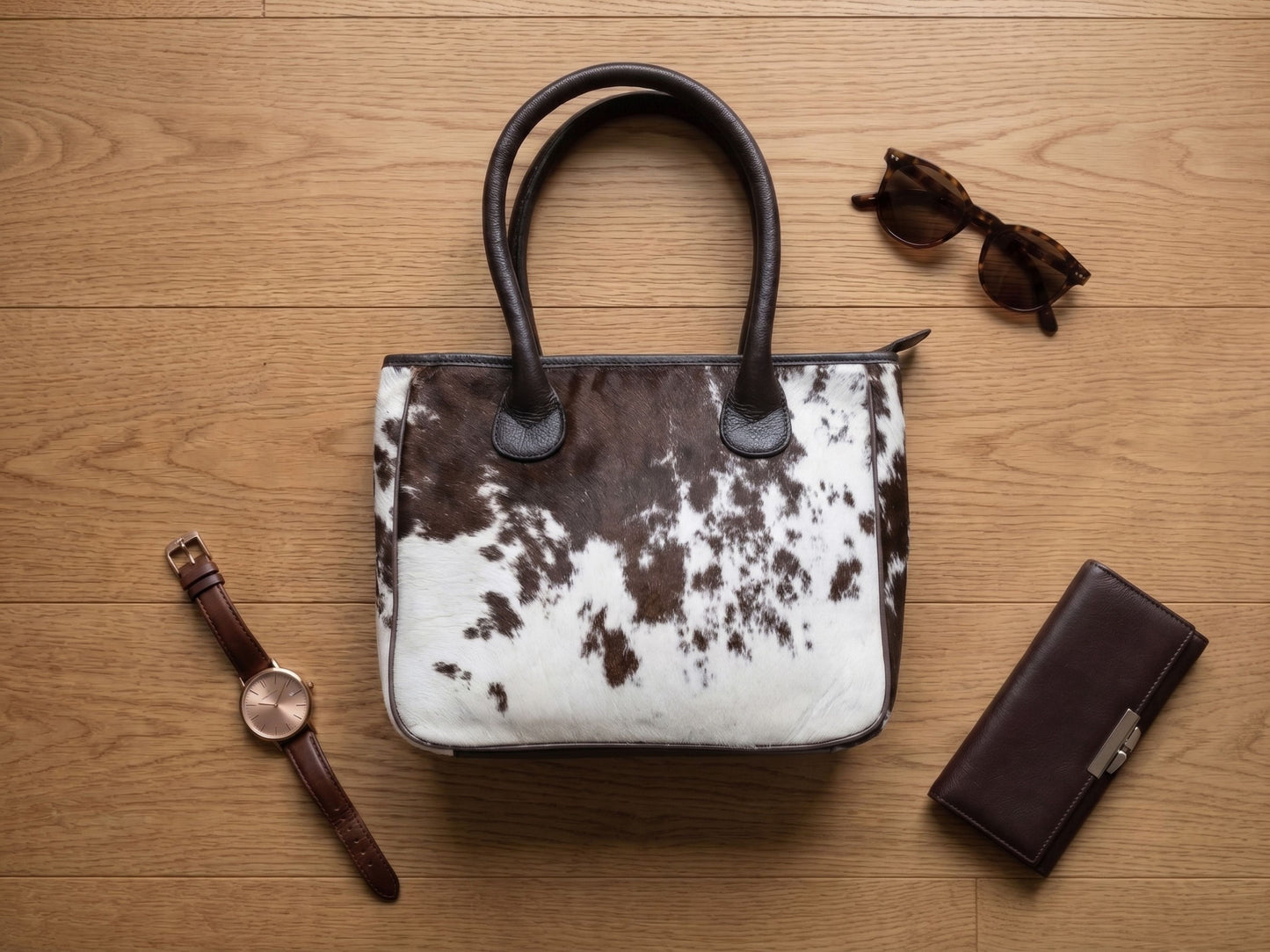 Hashmeers brown and white hair-on cowhide ladies purse with watch, sunglasses and wallet