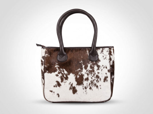 Hashmeers pure leather ladies purse in brown and white hair-on cowhide with rolled leather handles