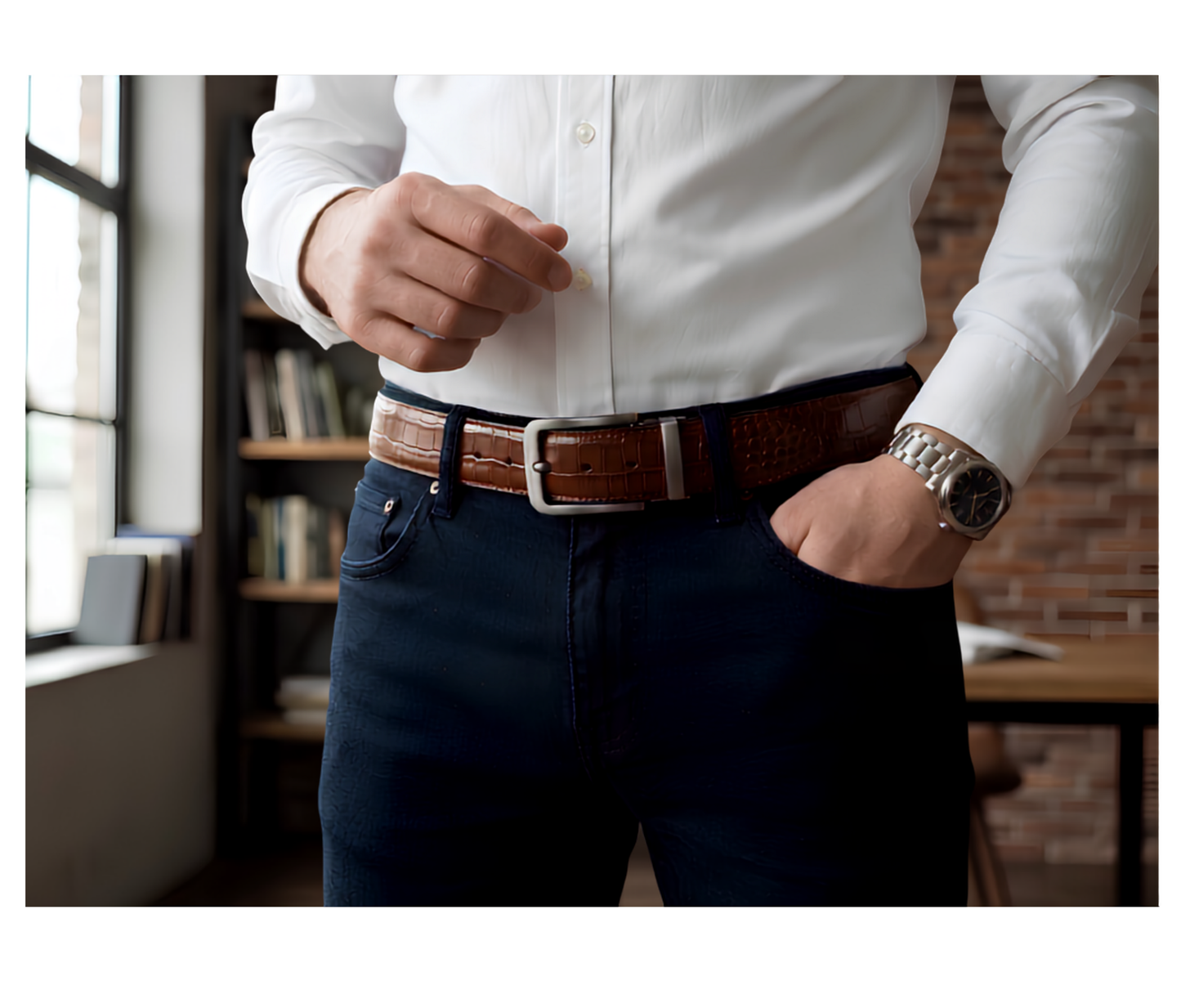 Brown crocodile-embossed side of Hashmeers genuine leather reversible belt
