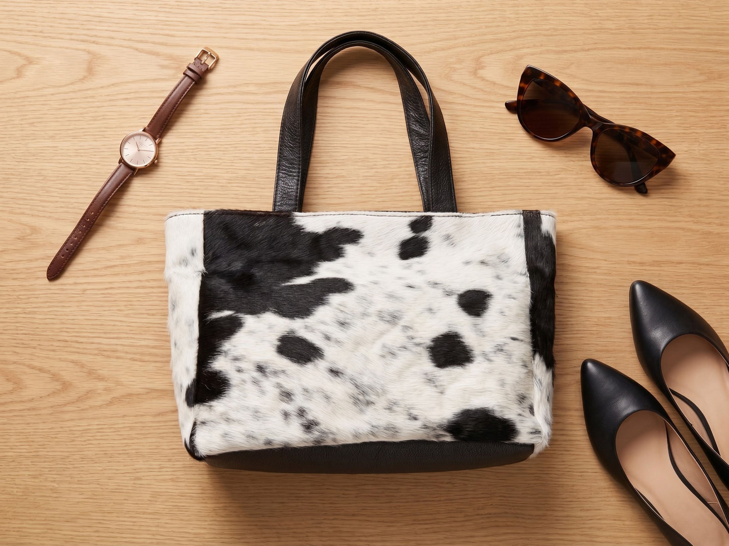 Hashmeers Pure Leather Tote Bag — Hair-On Cowhide Shoulder Tote in Black & White for Work & Everyday