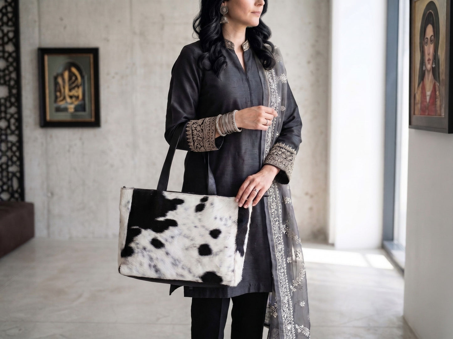 Hashmeers Pure Leather Tote Bag — Hair-On Cowhide Shoulder Tote in Black & White for Work & Everyday