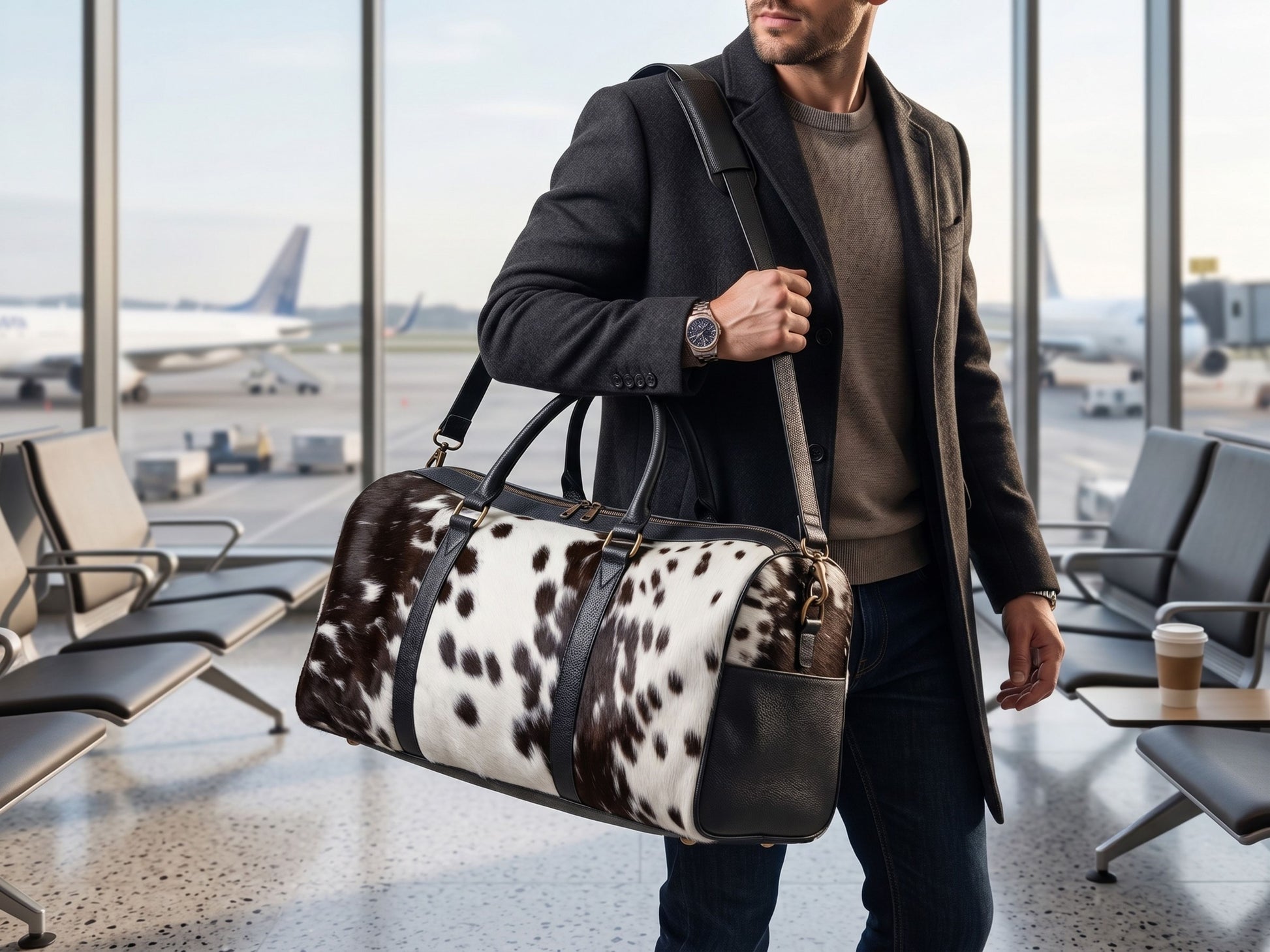 Hashmeers pure leather travel bag carried on the shoulder in black and white hair-on cowhide